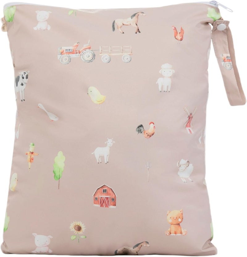 Ali+Oli Water Resistant Dual-Compartment Wet-Dry Bag for Travel, Hook to Stroller, Daycare, Diapers, Diaper Bag, Clutch Bag,15x12 inches (Farm) - Image 1